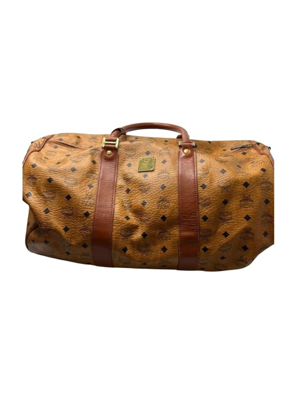 MCM Cognac Visetos Logo Leather Duffel Bag with Brown Trim